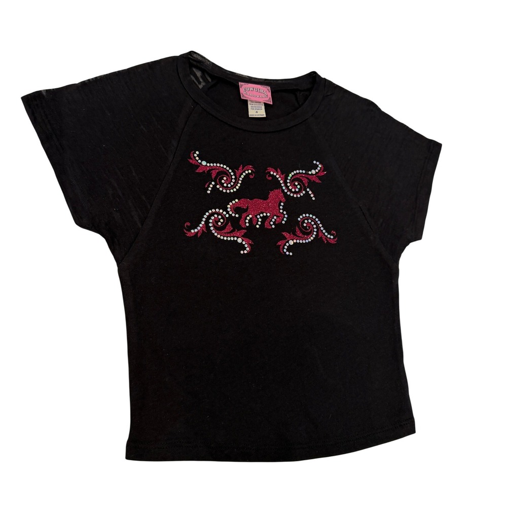Cowgirl Hardware Girls Black Pink Glitter Horse Rhinestone Top Size 4